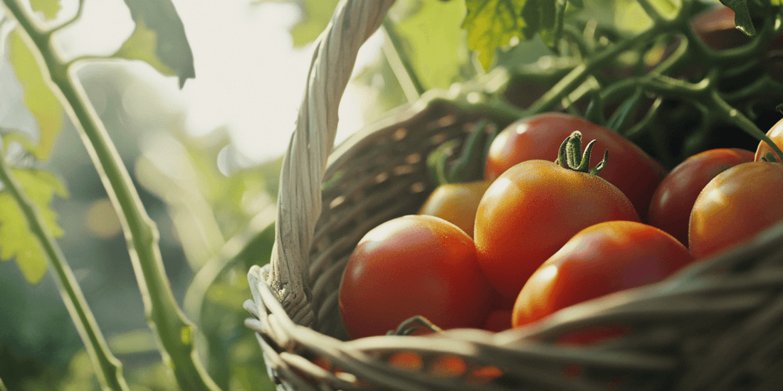 Ripe tomatoes in a basket beside tomato vines