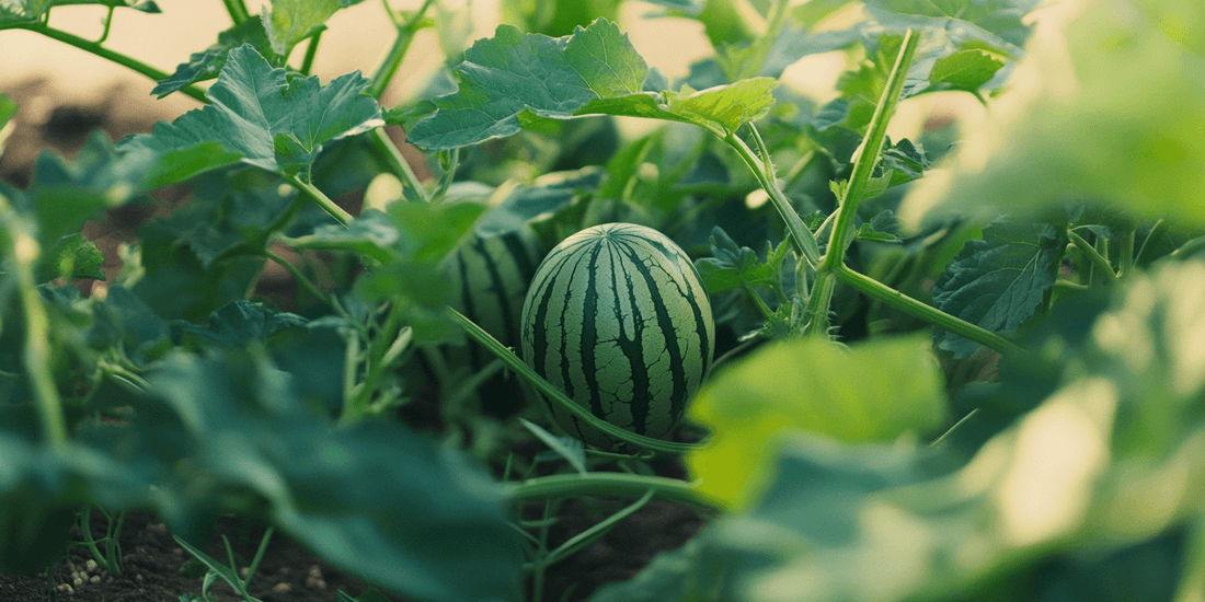 Striped watermelon growing on a vine