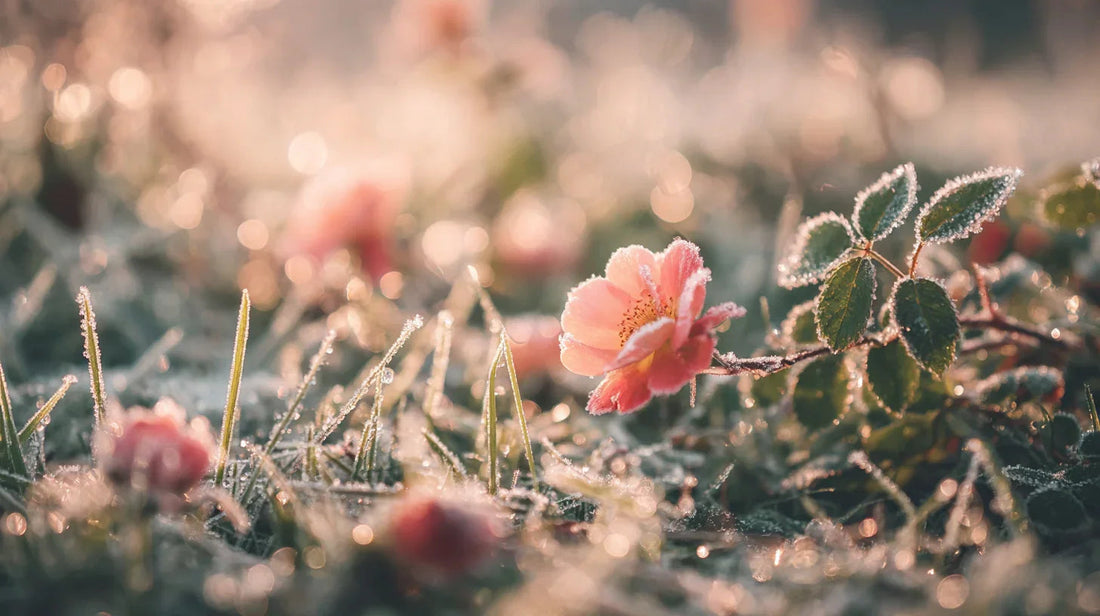 Frost-covered pink flower blooming in winter light