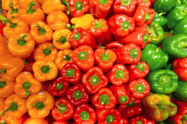 Yellow, red and green bell peppers