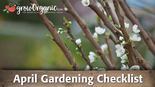 April garden checklist graphic over budding branches