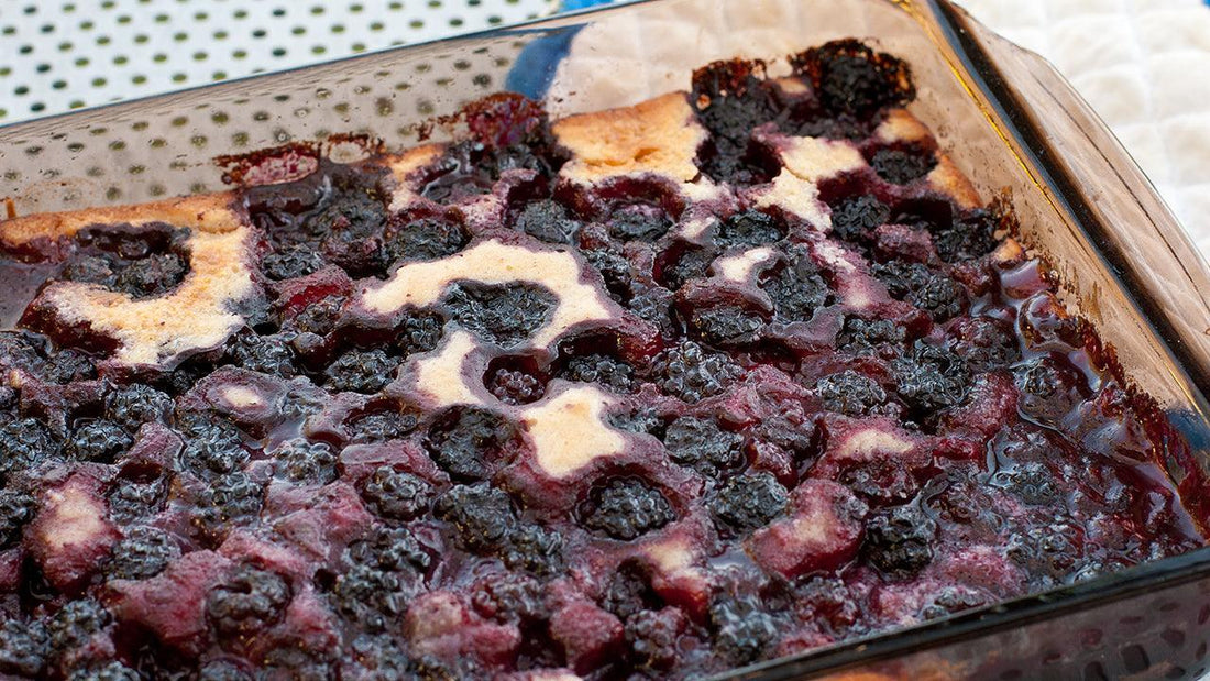 Berry cobbler in a rectangular baking dish