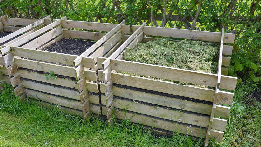 Three wooden compost bins in a grassy yard