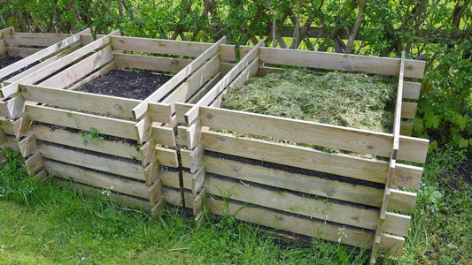 Three wooden compost bins in a grassy yard