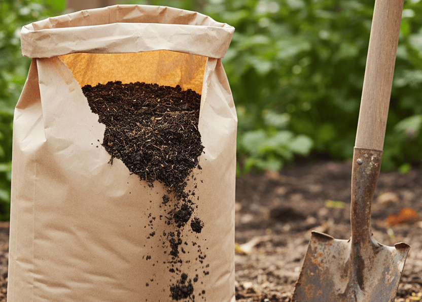 Open paper bag of dark fertilizer beside a garden shovel