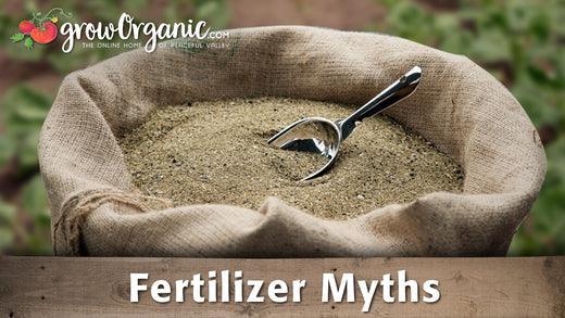Fertilizer myths graphic over an open bag of granules