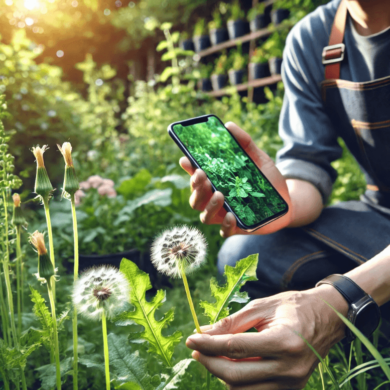 Gardener using a phone to identify dandelions