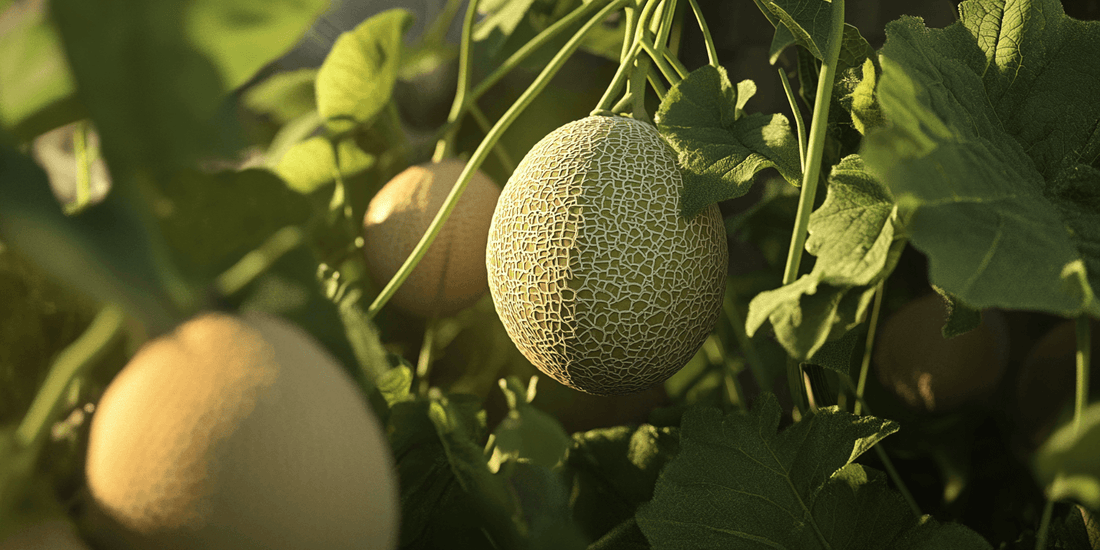 Ripe cantaloupes growing on a vine