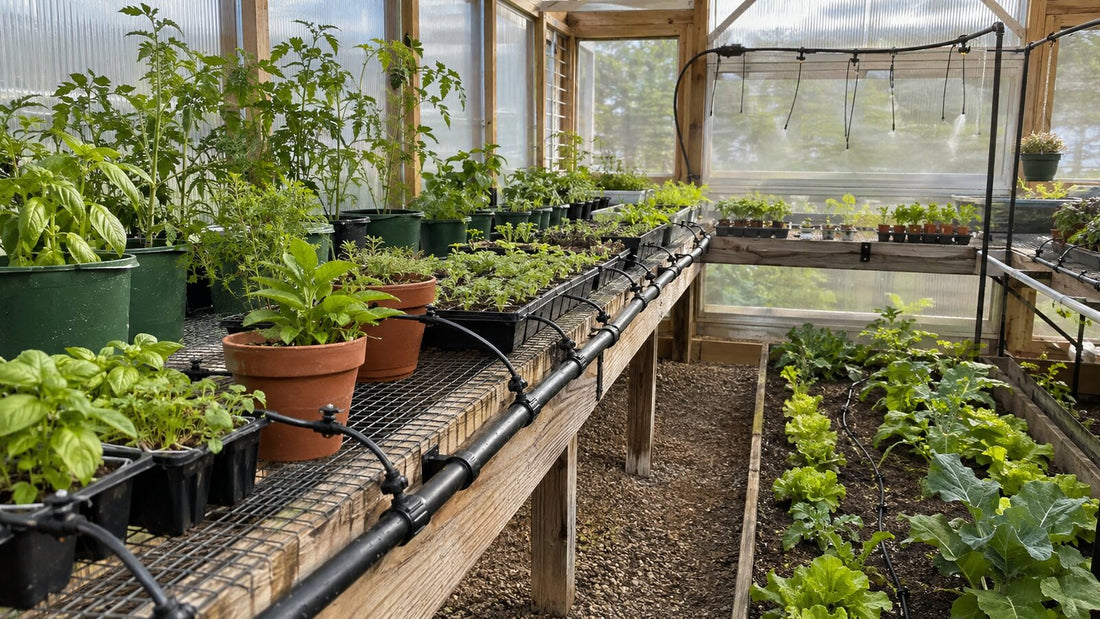 Drip tubing serving potted plants, seedling trays, and a ground bed inside a greenhouse