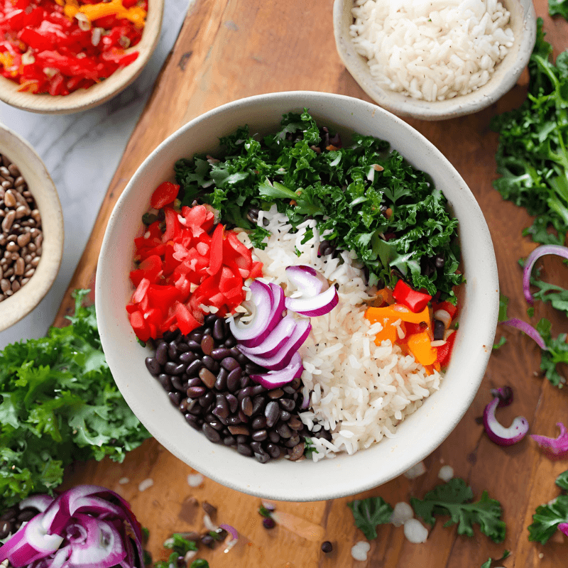 Kale and black bean salad with rice and vegetables