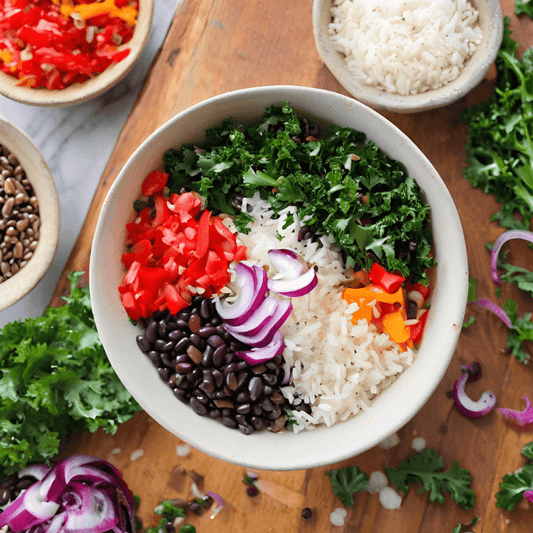 Kale and black bean salad with rice and vegetables
