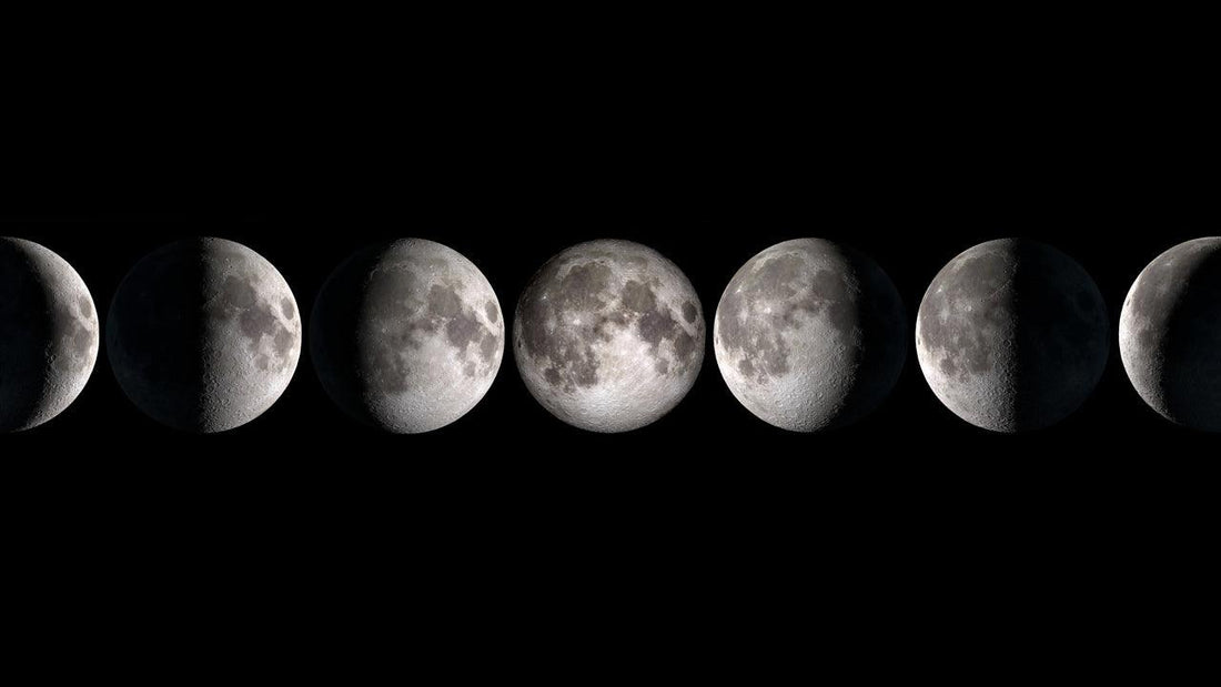 Phases of the moon against a black sky
