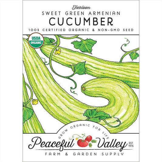 Peaceful Valley Sweet Green Armenian cucumber seed packet with an illustration of long, ribbed fruit
