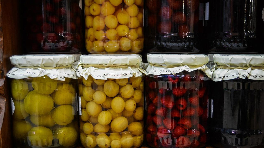 Shelves of home-canned fruit and preserves