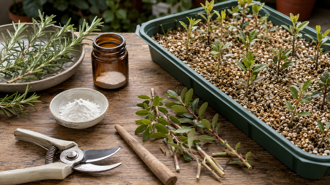 Stem cuttings, rooting powder, clean tools, and propagation tray