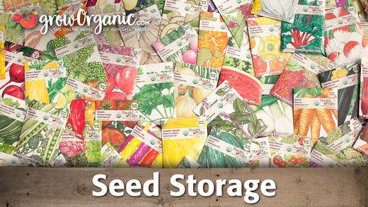 Seed-storage guide graphic over assorted packets