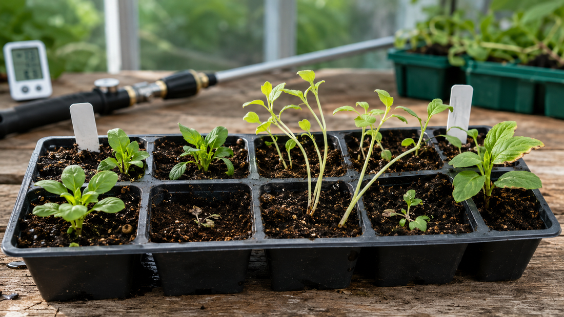 Seedling tray showing healthy, leggy, pale, collapsed, and scorched seedlings
