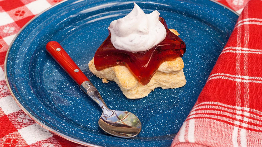 Red, white, and blueberry dessert on a blue plate