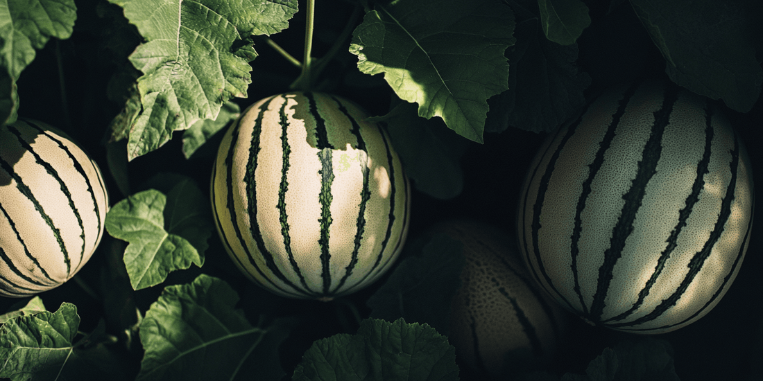Striped melons growing beneath broad leaves