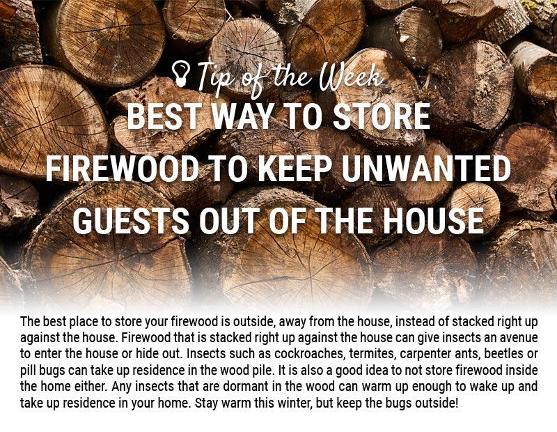 Firewood storage guide graphic over stacked logs