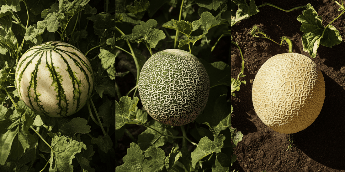 Melons growing among vine leaves