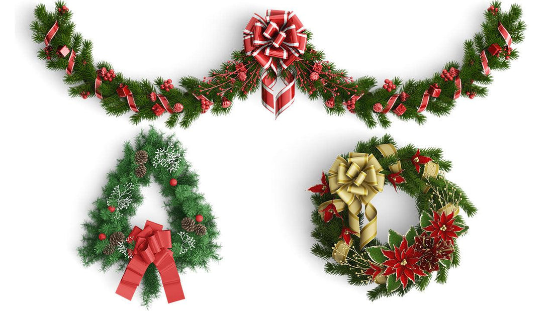 Collage of four evergreen holiday wreaths and garlands