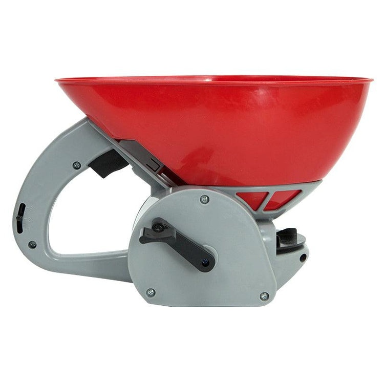 Hand-crank fertilizer spreader with red hopper