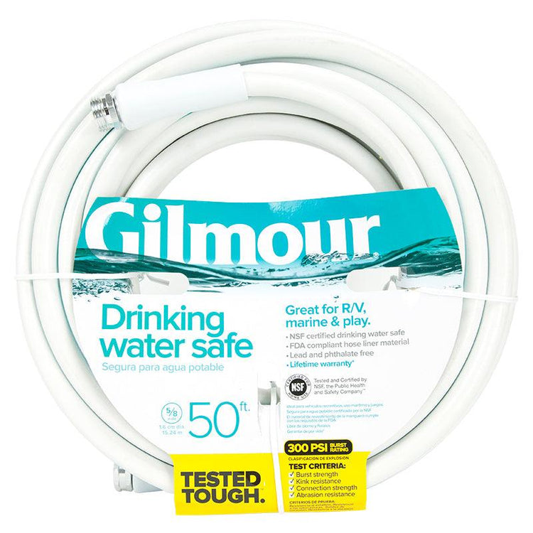 Coil of clear Gilmour drinking-water-safe hose