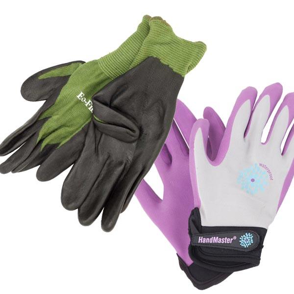 Black and purple pairs of garden gloves