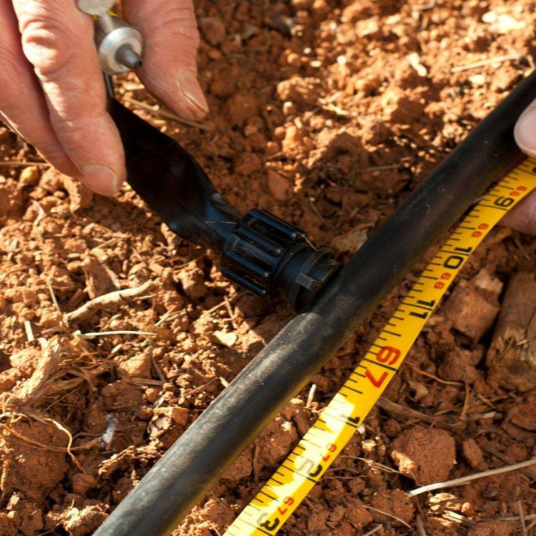 Drip tape fitting connected to black poly tubing
