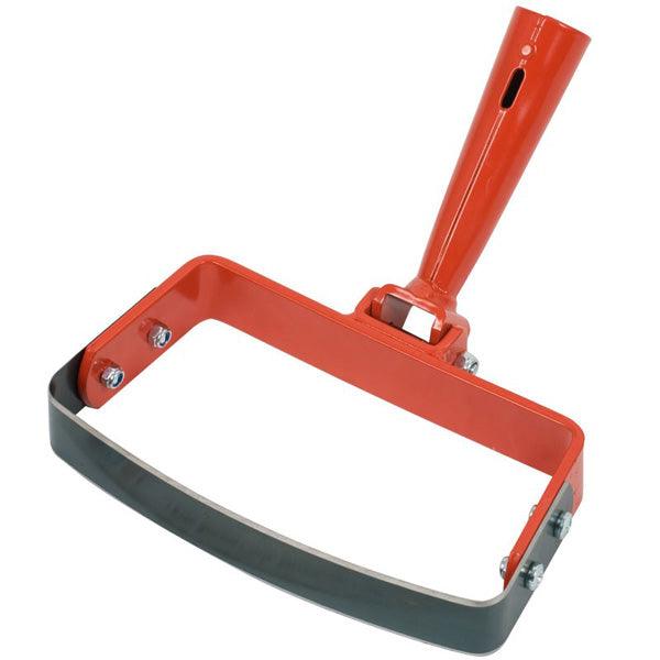 Red stirrup hoe head with curved steel blade
