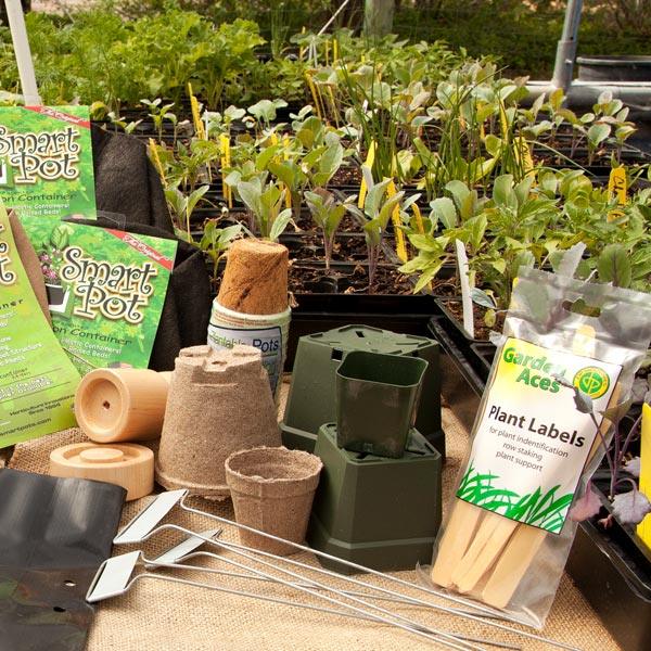 Seed-starting trays, pots, labels, and soil supplies