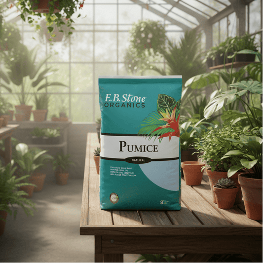 A bag of E.B. Stone Organics Pumice Stones stands on a wooden table inside a bright greenhouse filled with potted plants.