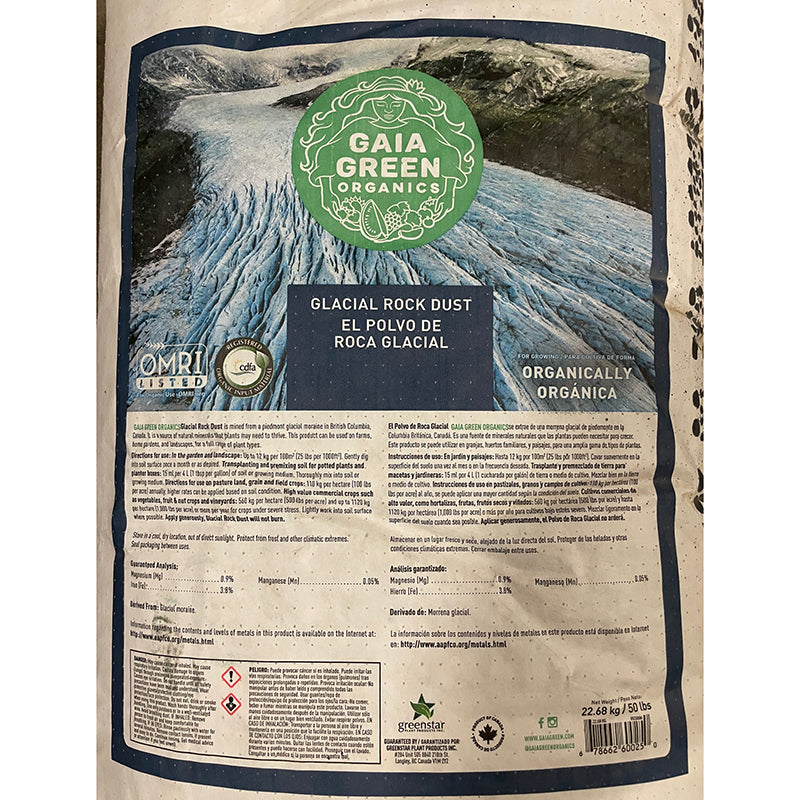 Gaia Green Glacial Rock Dust (50 lb) - Grow Organic Gaia Green Glacial Rock Dust (50 lb) Fertilizer - label close up