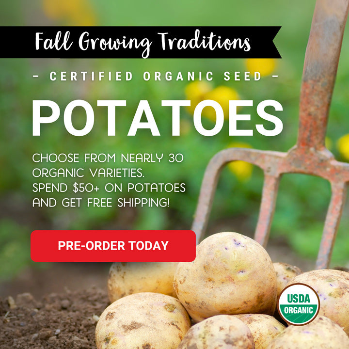 Certified organic seed potatoes for sale. Image of pottoes on ground with a USDA Organic logo, set against a garden background.