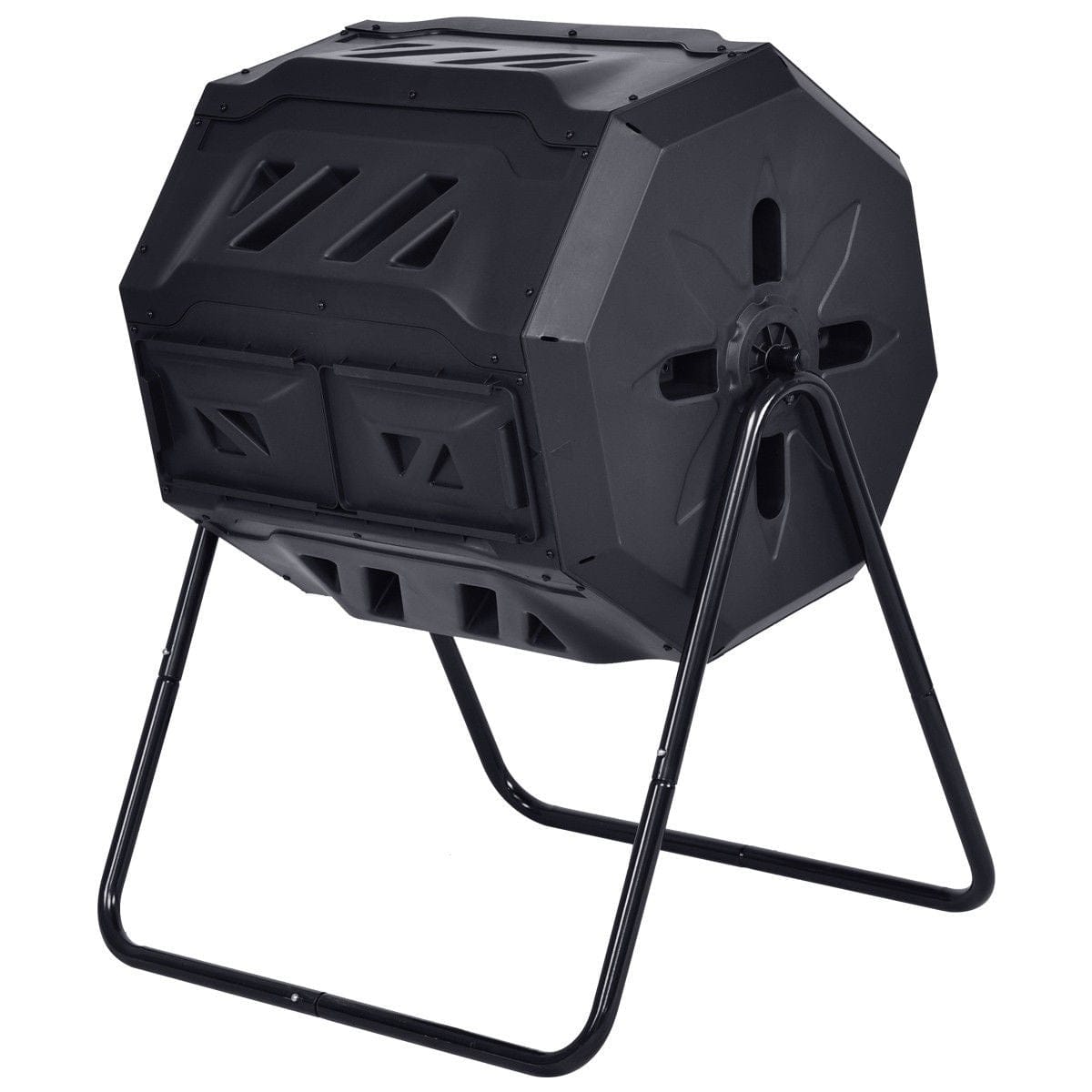 HomePacific black dual-compartment compost tumbler with steel support frame