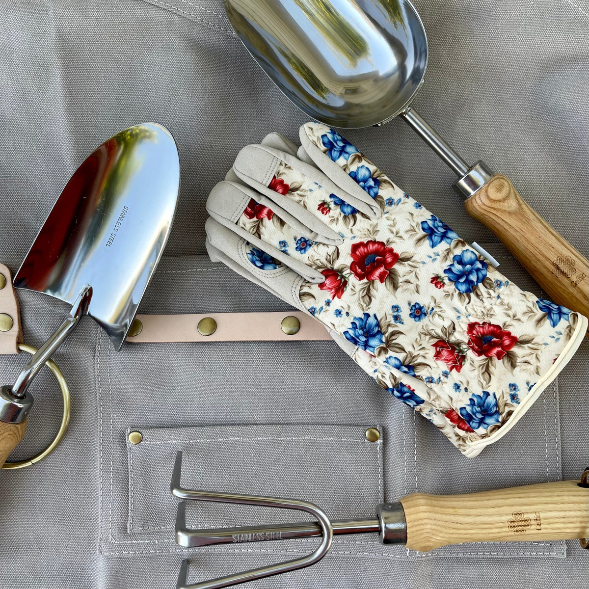 Gardening Gift Box - The Gardener's Kit - Apron, Hand Tools and Gloves Gray Green The Celtic Farm