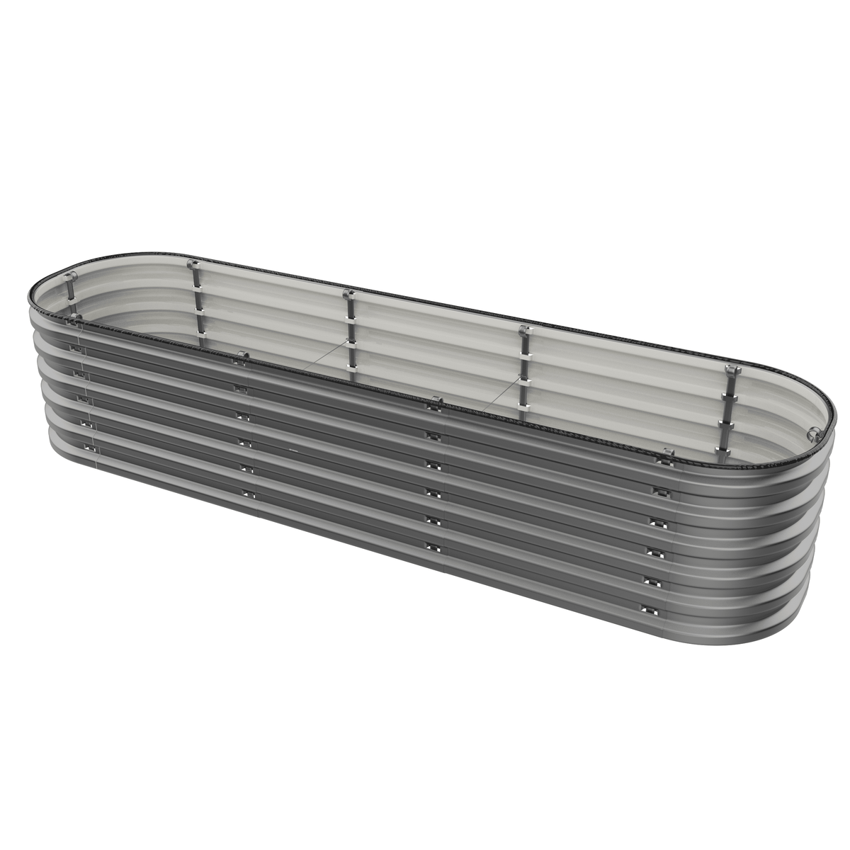 Gro-Rite gray raised garden bed in a long, narrow layout