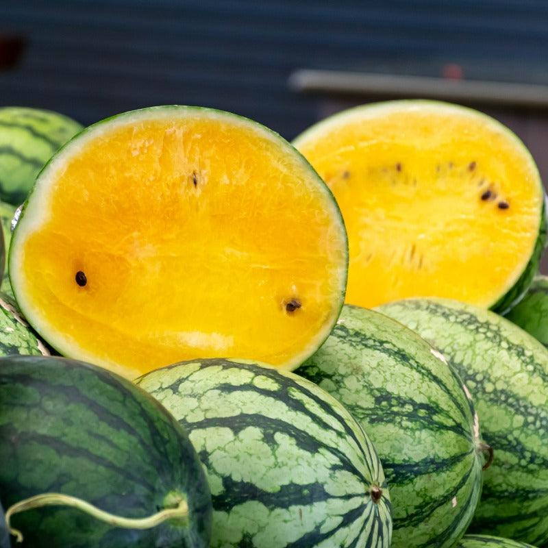 Halved Baby Doll Watermelons on display 