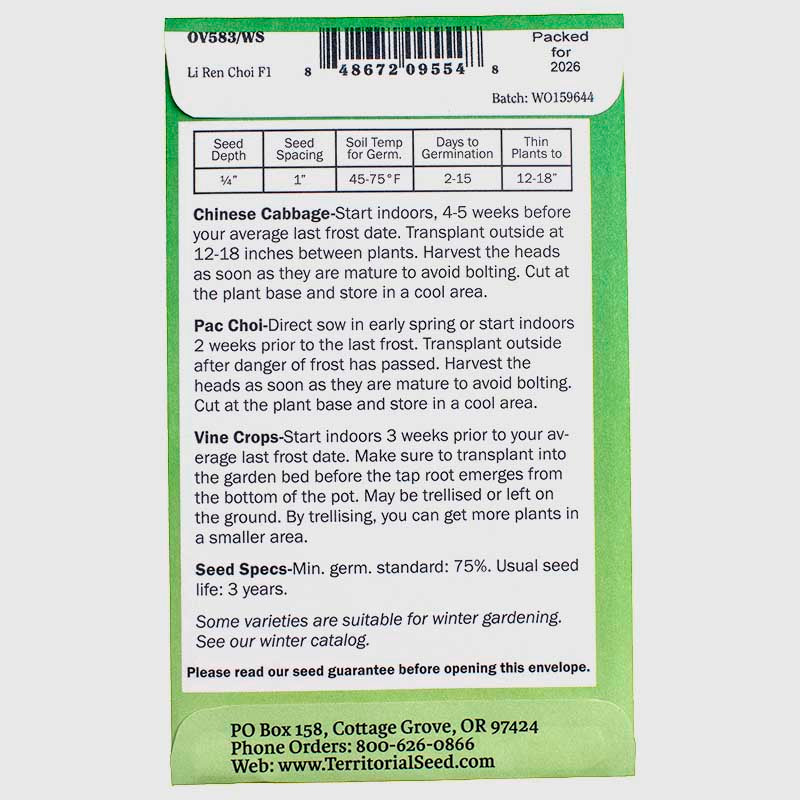 Li Ren Choi Pak Choi Seeds Territorial Seed Company