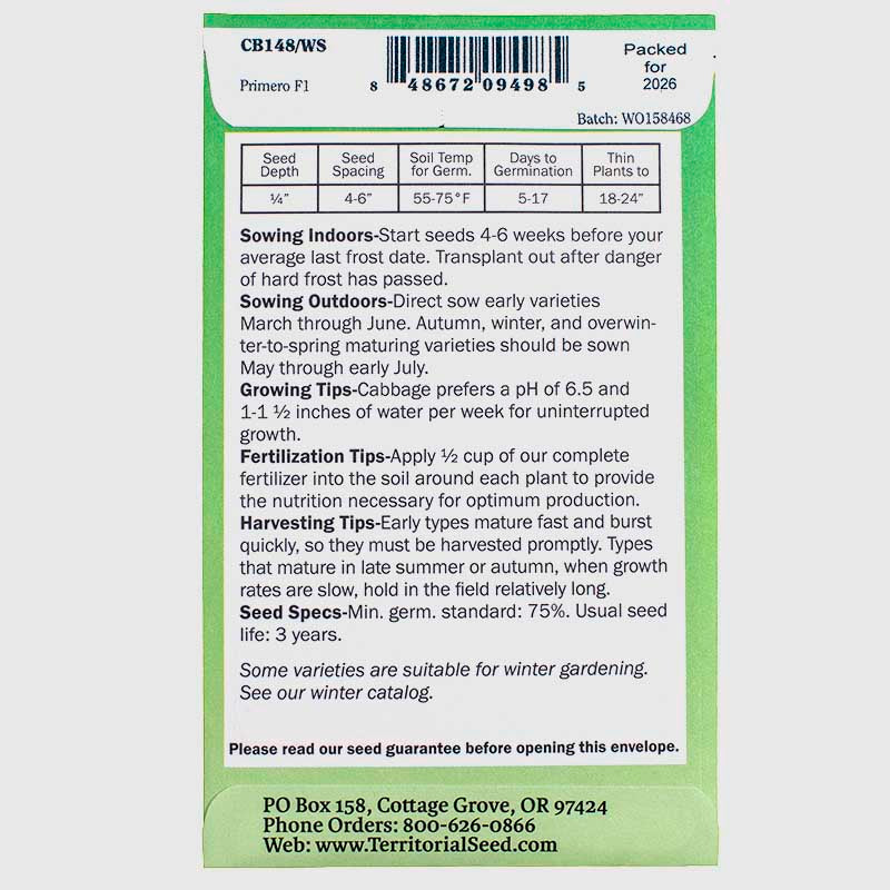Primero Cabbage Seeds Territorial Seed Company