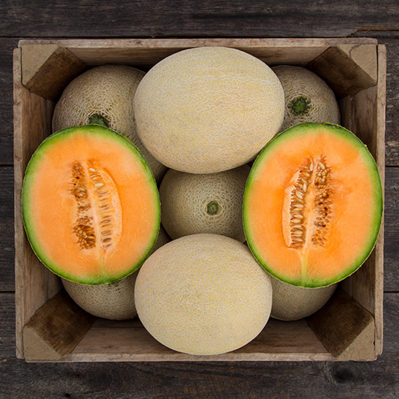 A wooden box full of True Love F1 Melon resting on a wooden plank background, One is halved and on display 