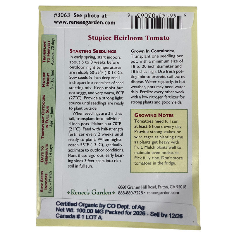 Organic Stupice Tomato Renees Garden
