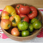 A basket full of Rainbows end Heirloom Tomatoes, Red, yellow and striped green tomatoes shown
