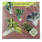 Seed pack displaying the various species in Salad Savor Lettuce mix, including Baby Bok Choi, RedStreaks Mizuna, Yukina Savoy, Tokyo Bekana, and Arugula 