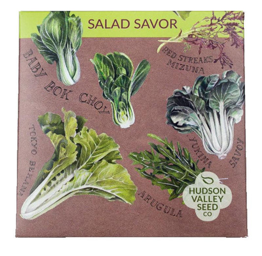 Seed pack displaying the various species in Salad Savor Lettuce mix, including Baby Bok Choi, RedStreaks Mizuna, Yukina Savoy, Tokyo Bekana, and Arugula 