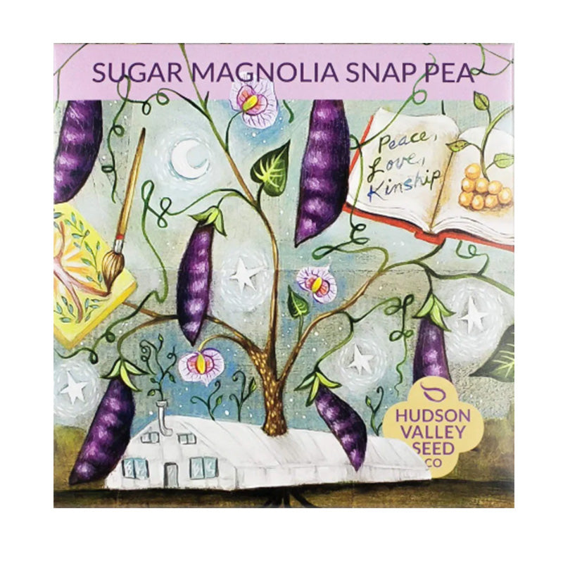 Sugar Magnolia Snap Pea seed pack, artfully illustrated with purple pods 