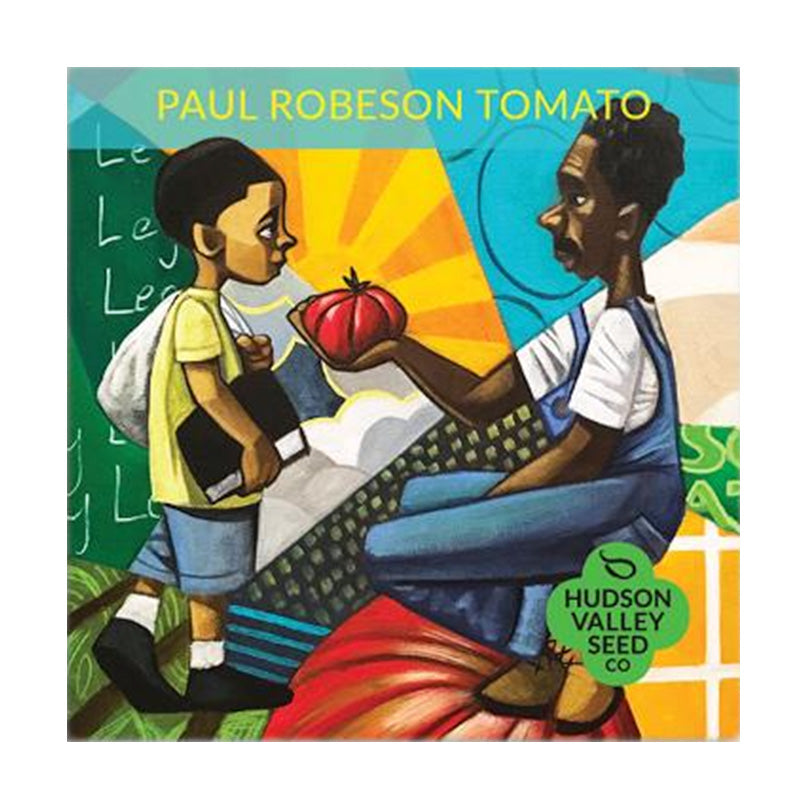 Artful Seed pack depicting sharing Paul Robeson Tomatoes between two people