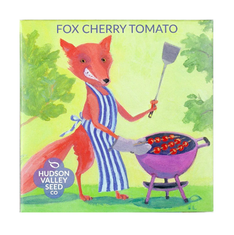 Artful Seed Pack displaying a fox barbecuing some Fox Cherry Tomatoes 