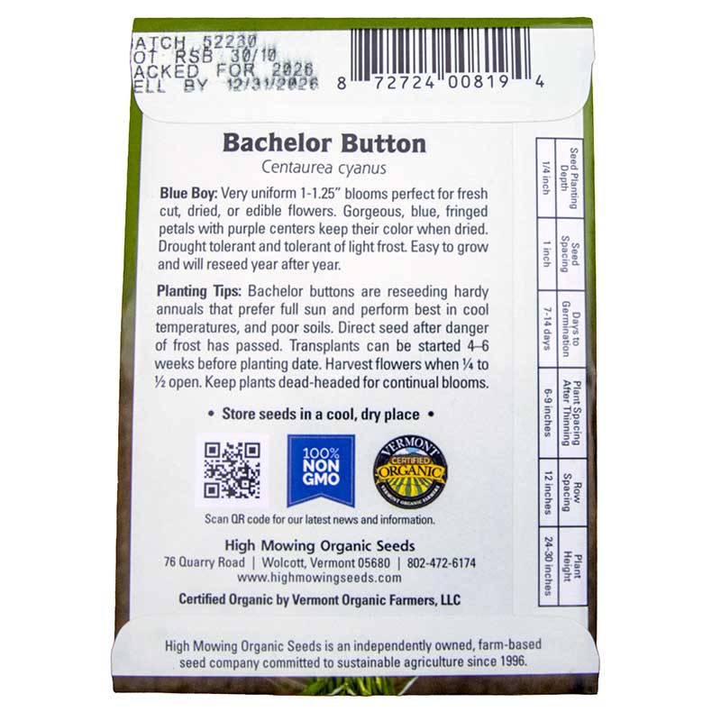 Blue Boy Bachelor Button Seeds (Organic) High Mowing Seeds